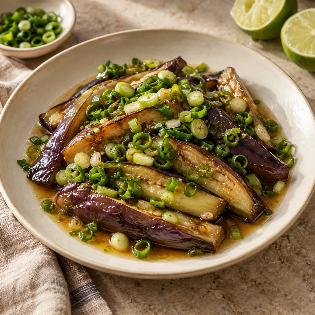 AI-generated serving suggestion for Aubergine with scallion oil
