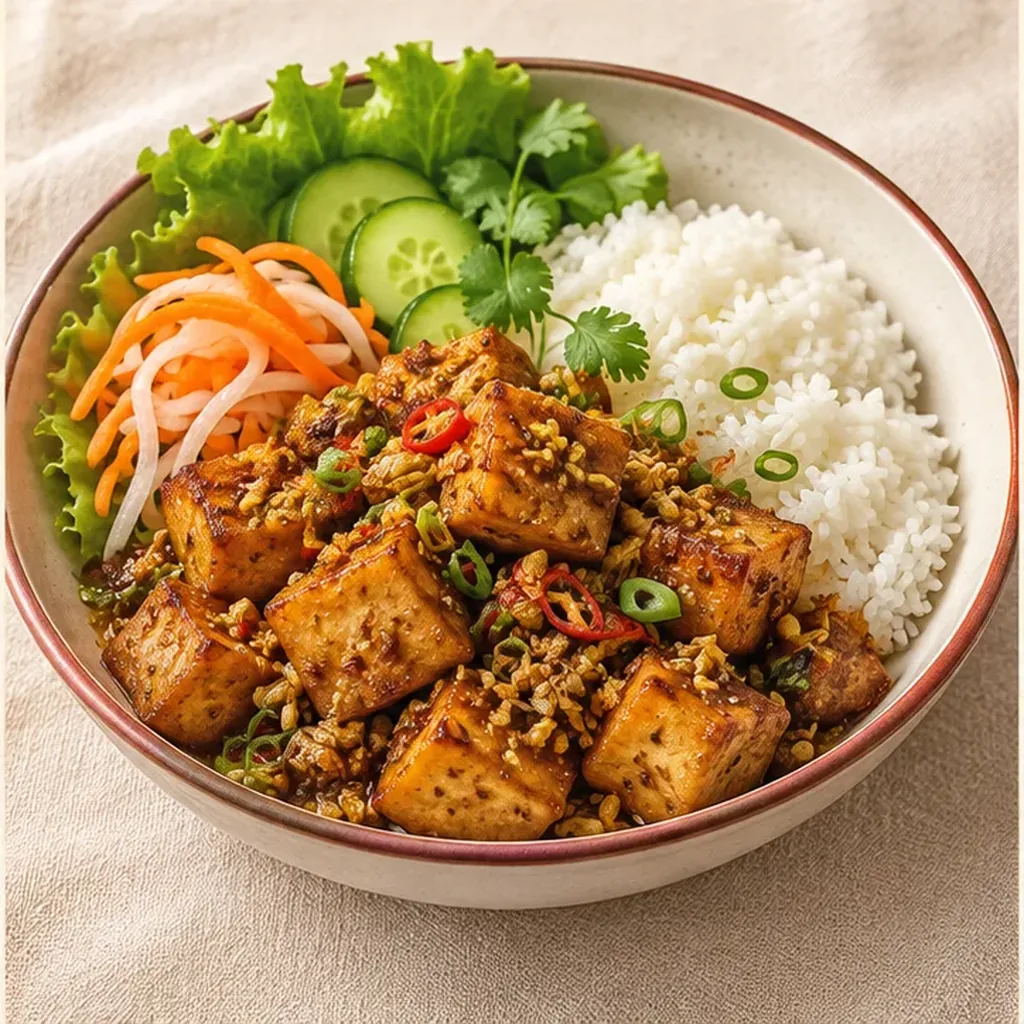 AI-generated serving suggestion for Lemongrass tofu rice bowls