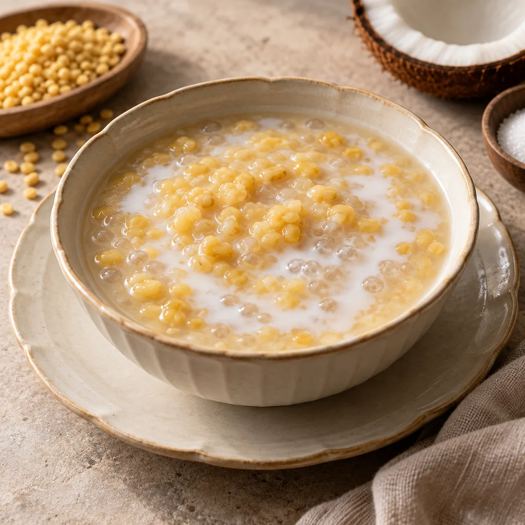 AI-generated serving suggestion for Mung bean coconut pudding