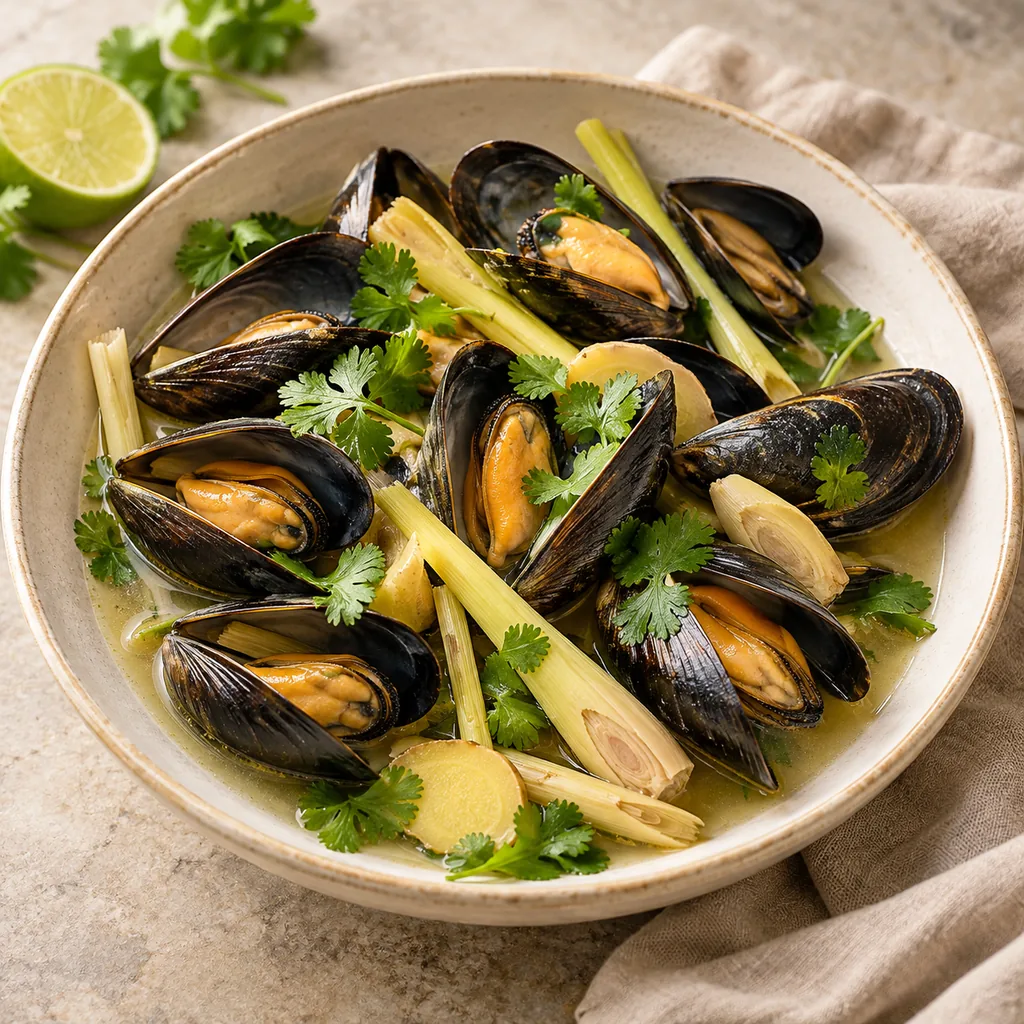 AI-generated serving suggestion for Lemongrass steamed mussels